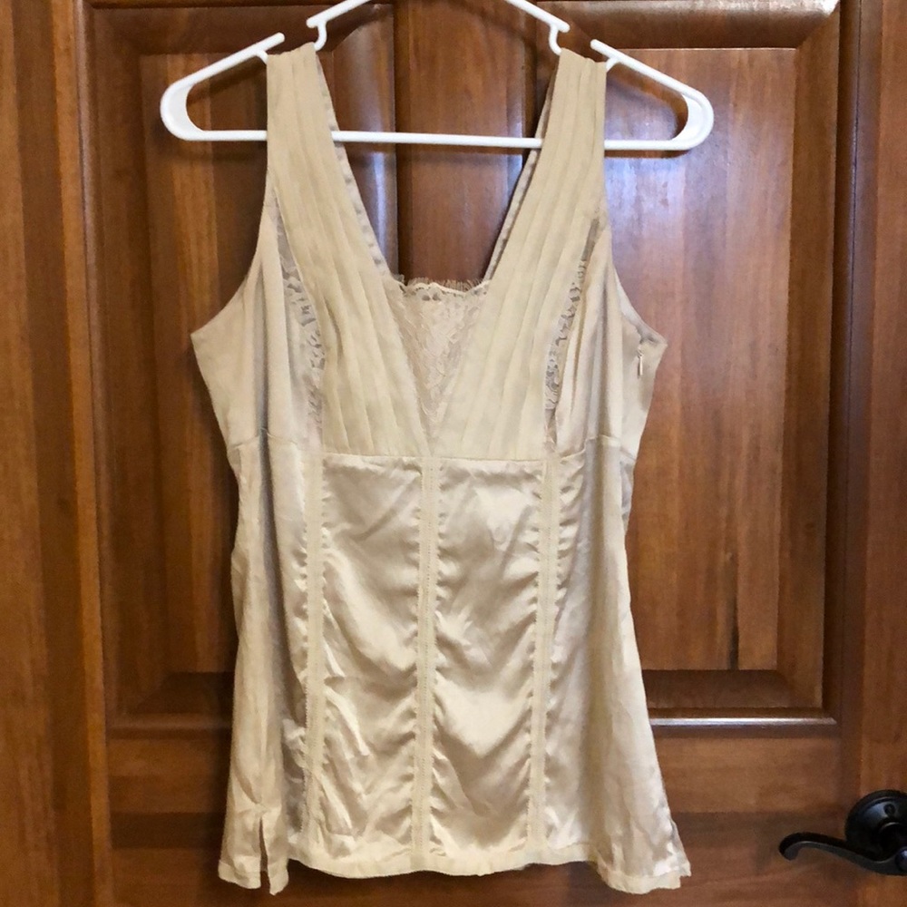 WHBM tan Silk Stretch blouse with lace accents